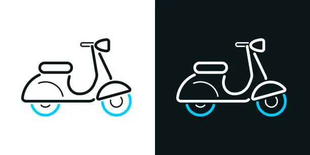 Vector illustration of Scooter motorcycle - side view. Bicolor line icon on black or white background - Editable stroke