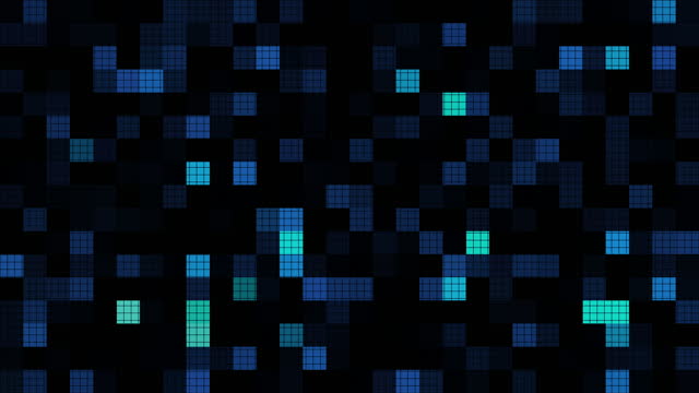 Seamless Loop  Blue Pixel LED digital grid lights animation on black abstract background. Bright floodlights flashing computer technology lights. 4K abstract futuristic light blue pixelated tiles mosaic blinking.