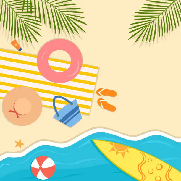 Vector illustration of Happy summer beach sea vector illustration, top view colorful beach background with mat, ball, swim ring, surfboard, hat, palm leaves, sunscreen. Aerial view bright life outdoor activity