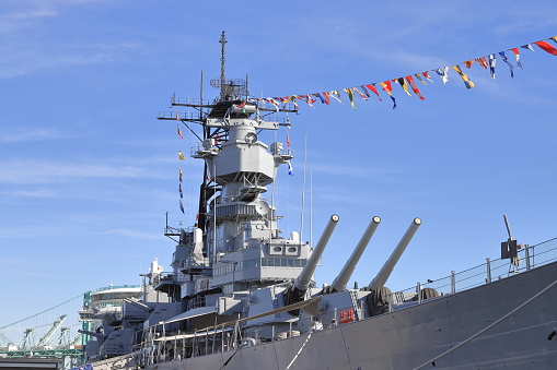 Los Angeles, November 20:  A view of the battleship USS Iowa moored in San Pedro, Los Angeles on November 25th, 2022.  The US navy battleship USS Iowa served in World War 2 and the Korean War.