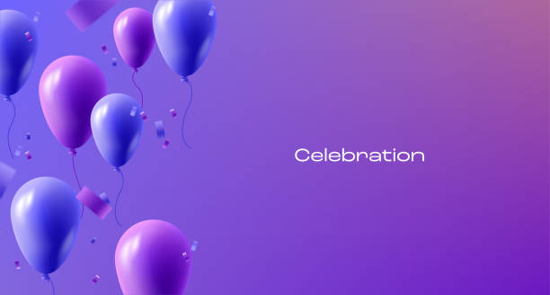 istock Celebration banner with purple and blue air balloons with confettii, 3d render poster 1486996107