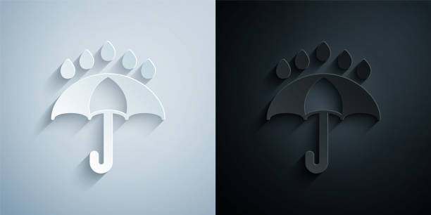 Paper cut Umbrella and rain drops icon isolated on grey and black background. Waterproof icon. Protection, safety, security concept. Water resistant symbol. Paper art style. Vector Paper cut Umbrella and rain drops icon isolated on grey and black background. Waterproof icon. Protection, safety, security concept. Water resistant symbol. Paper art style. Vector. cutter insect repellant stock illustrations