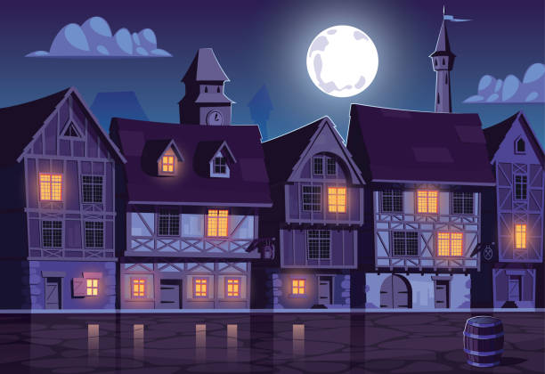 istock Medieval town street on moonlight ,row houses ,vector illustration 1486996329