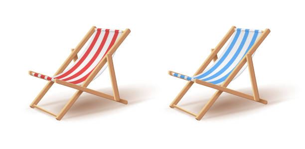 3d realistic stripped beach chair in blue and white and red and white colors with wooden construction isolated on white background. 3d realistic stripped beach chair in blue and white and red and white colors with wooden construction isolated on white background. Vector illustration red beach chairs stock illustrations