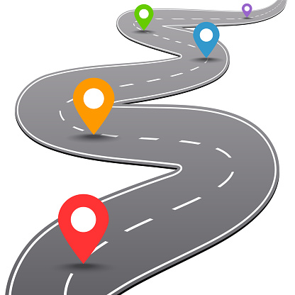 Vector Illustration of Colorful Map Pin Icons on an Winding Road.