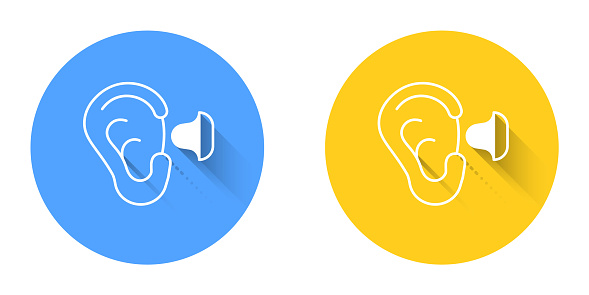 White Earplugs and ear icon isolated with long shadow background. Ear plug sign. Noise symbol. Sleeping quality concept. Circle button. Vector.