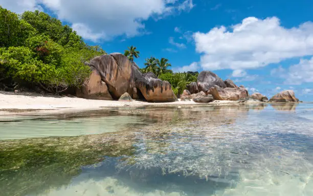 Amazing natural beach landscape in Seychelles with granite rocks and crystal clear shallow water and turquoise blue sea. Travel image. One of the most beautiful beaches in the world. Wallpaper or poster background.
