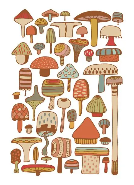 Vector illustration of Set of stylizes mushrooms. Summer psychedelic elemenst in 70s and 80s style. Vibrant groovy and funky fungus. Rainbow tattoo stickers. Vintage nostalgia collection. Vector illustration.