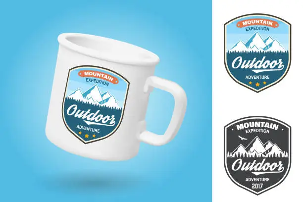 Vector illustration of White camping cup. Realistic mug mockup template with sample design. Mountain expedition badge. Vector illustration. Concept for shirt or logo, print, stamp or tee. Vintage typography design with soaring eagle and mountain silhouette
