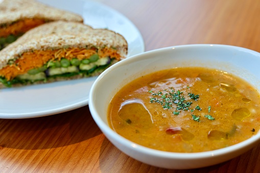 Organic Lentil and vegetable soup and Sandwich