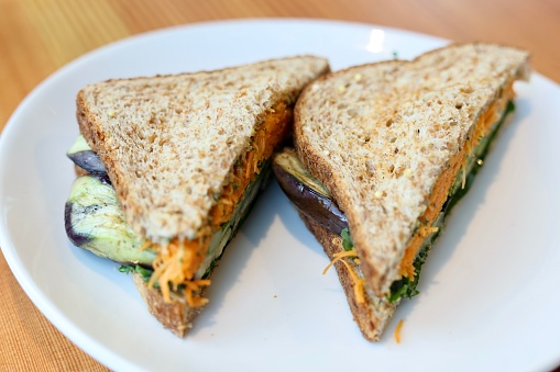 Vegan Sandwich with Carrot salad, Roasted Asparagus and Aubergine