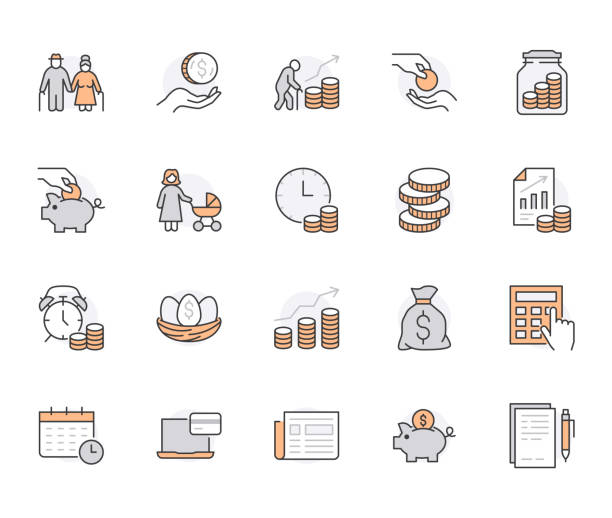 Retirement plan flat line icons set. Pension payment, money deposit, investment fund balance sheet inheritance vector illustration. Outline signs senior savings. Orange color. Editable Stroke Retirement plan flat line icons set. Pension payment, money deposit, investment fund balance sheet inheritance vector illustration. Outline signs senior savings. Orange color. Editable Stroke. inheritance chart stock illustrations