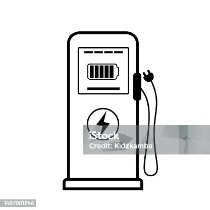 istock Electric car charging station sign. Flat style icon black on white background. Green electricity energy consumption outline concept. Electromobility e-motion concept. 1487001846