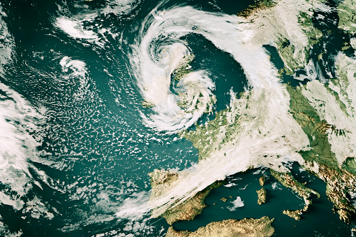 3D Render of a Topographic Map of the Northern Atlantic Ocean with the clouds from April 12, 2023. 
Storm Noa over England, Ireland, France and Benelux.
All source data is in the public domain.
Cloud texture: Global Imagery Browse Services (GIBS) courtesy of NASA, VIIRS data courtesy of NOAA.
https://www.earthdata.nasa.gov/eosdis/science-system-description/eosdis-components/gibs
Color and Water texture: Made with Natural Earth.
http://www.naturalearthdata.com/downloads/10m-raster-data/10m-cross-blend-hypso/
Relief texture: GMTED 2010 data courtesy of USGS. URL of source image:
https://topotools.cr.usgs.gov/gmted_viewer/viewer.htm