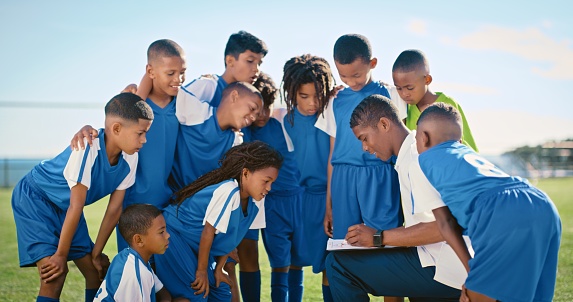 Football player, children and man coaching team for field training sketch, games strategy or planning formation. Mentor or person drawing, checklist or writing results of kids circle and soccer goals