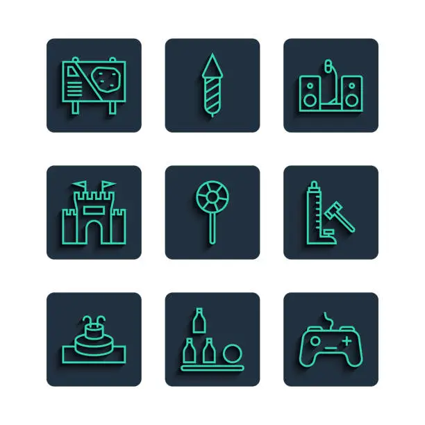 Vector illustration of Set line Fountain, Bottles ball, Gamepad, Home stereo with two speakers, Lollipop, Castle, Amusement park billboard and Striker attraction hammer icon. Vector