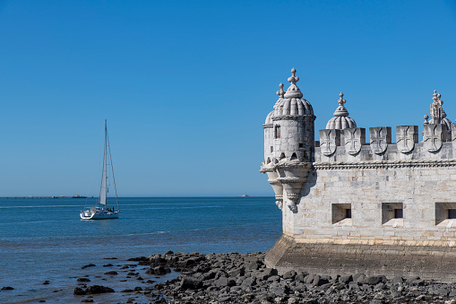 Close up of the battlement of the Belém Tower (Torre de Belém) or Tower of Saint Vincent, a 16th-century fortification and gateway to Lisbon, Portugal along the Tagus River