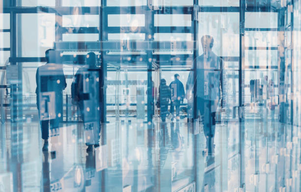 business people walking in modern office building, double exposure