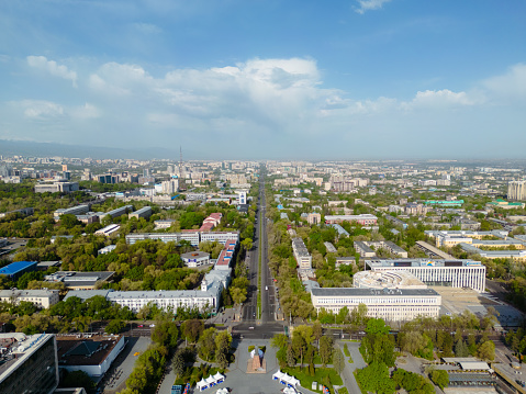 Aerial view of Almaty city during sunny spring day