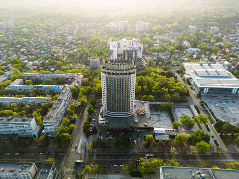 Aerial view of Kazakhstan hotel in Almaty city during a spring day