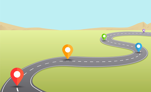 Vector Illustration of Colorful Map Pin Icons on an Winding Road.