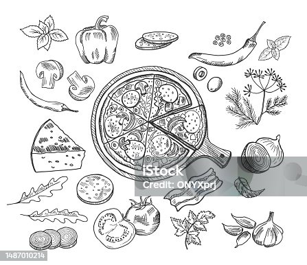 istock Italian pizza doodle ingredients. Pizzeria food elements sketch, tomato pepperoni cheese mushrooms sliced olives doodles vector illustrations 1487010214