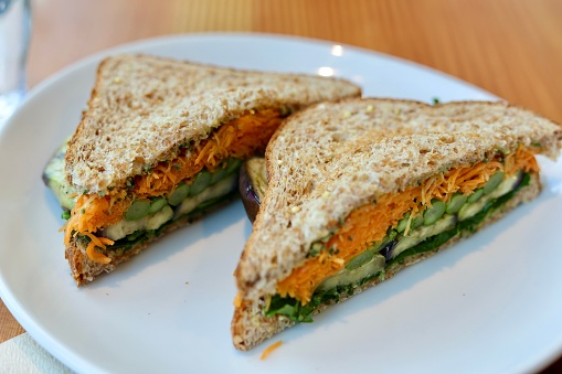 Organic Vegan Sandwich with Carrot salad, Roasted Asparagus and Aubergine