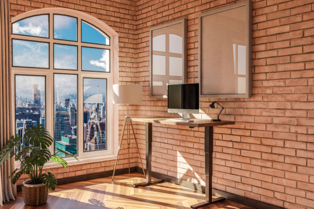 istock modern standing desk pc workplace in daylight downtown skyline office; home decoration desing and home office concept; 3D Illustration 1487012796