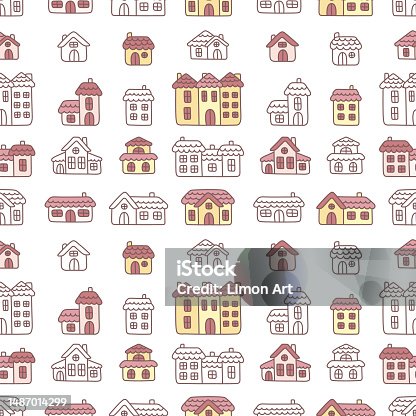 istock Seamless town pattern. Endless background with cute houses. Doodle art. A simple repeating print for baby clothes, wallpaper or bedding. Illustrations for the design of a kids bedroom or nursery 1487014299