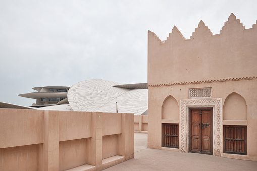 April 2023: The original palace of Sheikh Abdullah bin Jassim Al Thani at the National Museum of Qatar and modern museum building designed by Jean Nouvel