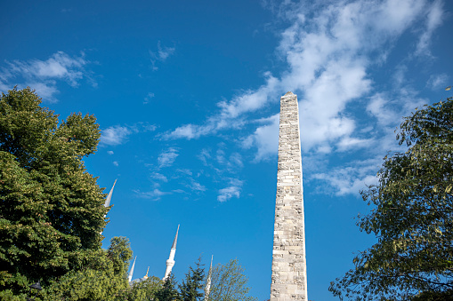Istanbul Turkey: September 03 2022; Walled Obelisk, or Masonry Obelisk, a Roman monument in the form of an obelisk in the former Hippodrome of Constantinople, now Sultanahmet Square in Istanbul, Turkey.