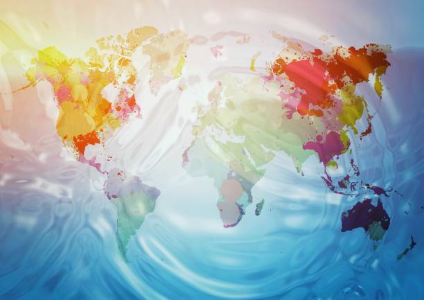istock 3d illustration of abstract world map floating on water 1487016448