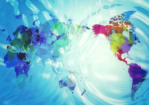 istock 3d illustration of abstract world map floating on water 1487016455