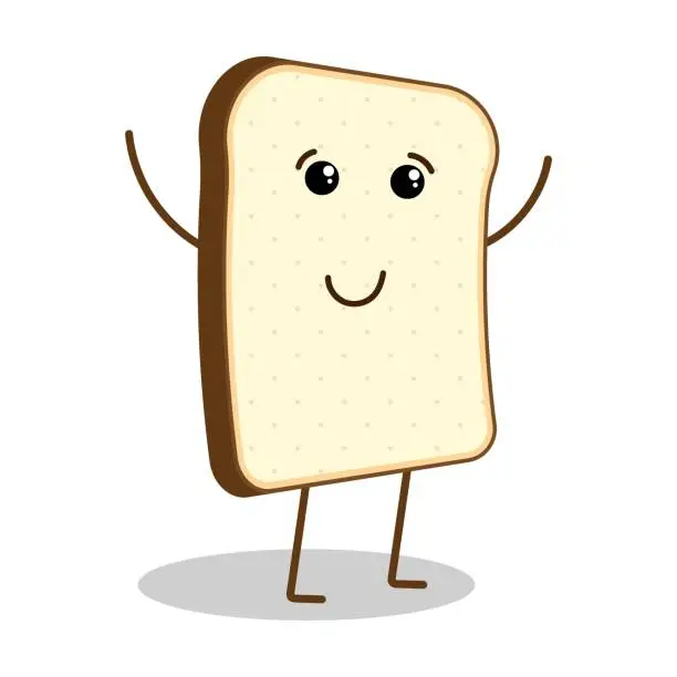 Vector illustration of Funny piece of bread character with cheerful joyful face expression. Diet and proper nutrition, adherence to daily diet. Flat vector isolated on white background
