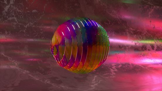 Abstract concept. Flat transparent disks form a sphere. The wave changes the color of the disks. neon light. Rainbow. High quality 3d illustration