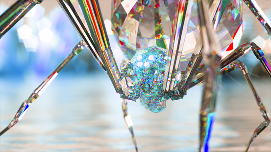 Diamond spider close-up. Blue neon head. Walking spider. Diamond spider legs. Abstract glowing background. . High quality 3d illustration
