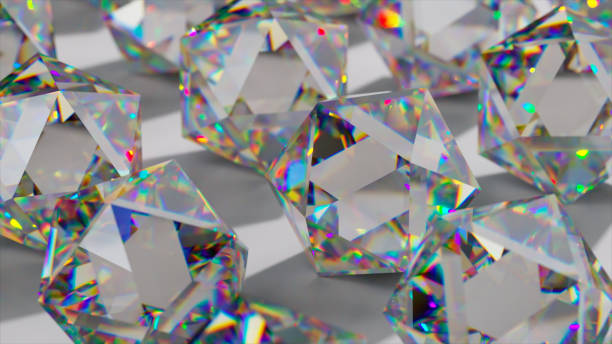 istock Many diamond rhombuses sparkle with iridescent light. Lighting change. Shadow. White surface. 1487020205
