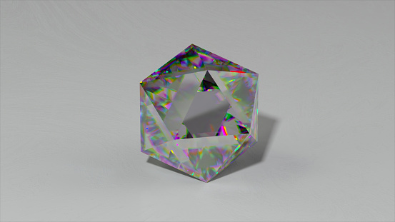 Sparkling light rhombus cut diamond with shadow and glowing highlights on white background. High quality 3d illustration