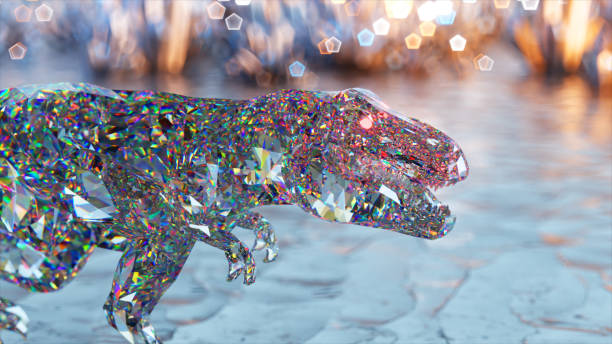 istock Diamond dinosaur walks on a glowing background. Slow motion. Brilliant, shining. 3d illustration 1487020252