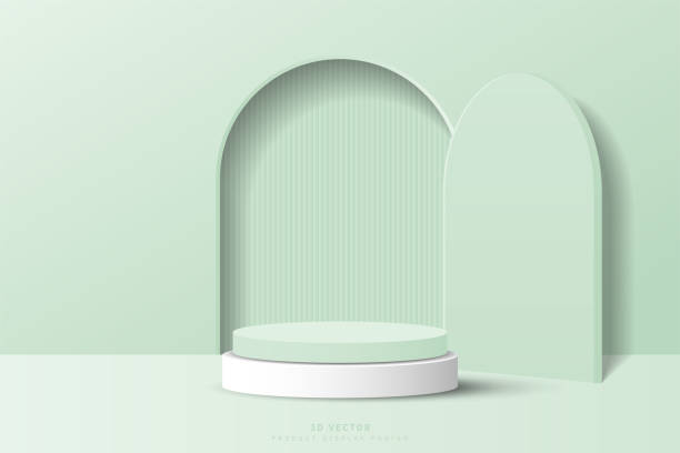 istock Minimal scene 3d background product display podium, realistic green and white 3d cylinder podium pedestal design with vertical pattern in arch door shape. door cover opening. stage for show product. 1487021284