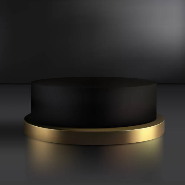 istock Abstract vector rendering of a 3d shape for the presentation of promotional products. Luxurious black and gold cylindrical podium on a dark background. 1487022295