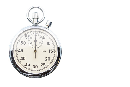 Mechanical 2-button stopwatch, isolated on white background. Stopwatch designed to measure time in minutes, seconds and fractions of a second, used in sport competition and timing.