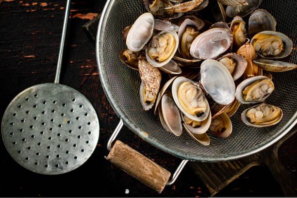 istock Vongole in a colander on a cutting board. 1487023972