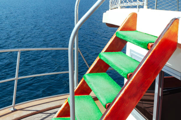 Ship wooden stairs . Nautical vessel gangway