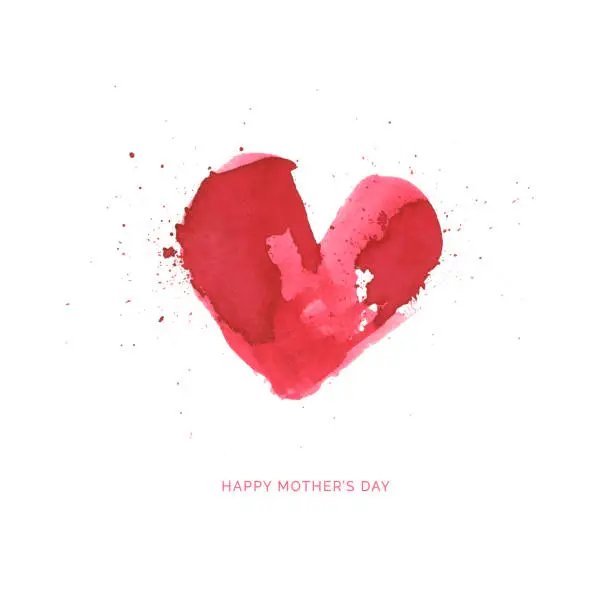 Vector illustration of Happy Mothers Day card design - simple abstract vector illustration with one big red heart hand painted carelessly by watercolor paint isolated on white paper background - original greeting card template