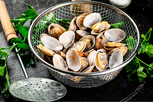 Fresh vongole in a colander on a stone board with parsley. On a black background. High quality photo