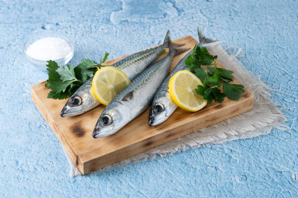 istock Raw mackerel fish salt around on blue background 1487028852