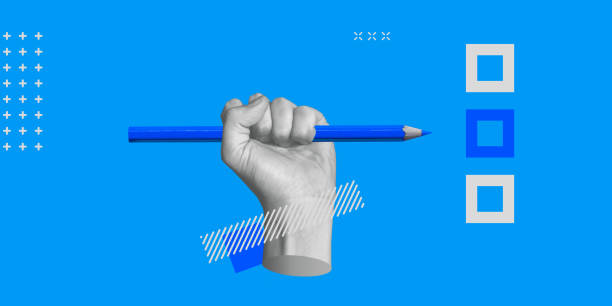 istock Voting, peaceful protest concept. Resistance to violence and totalitarianism, right choice. Blue pencil in the fist of man on blue background. Minimalistic art collage 1487033182