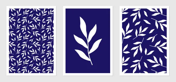 Vector illustration of Plant posters with white leaves on dark background. Vector illustration of foliage. Botanic interior design set.