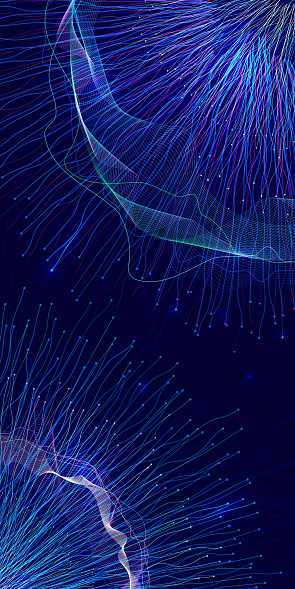 Abstract image of neural connections on blue background. Technological background for a design on the theme of artificial intelligence, big date, neural connections. Copy space. Vertical